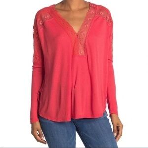 Free People pink lace trim detailing oversized long sleeve shirt